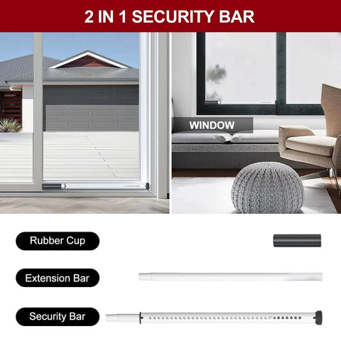 Sliding Door Security Bar, Heavy Duty Sliding Patio Door Lock Bar installed on door and window, showing components, white, 1 pack.