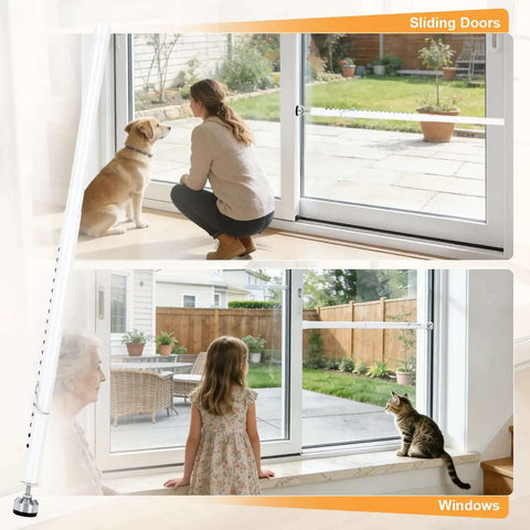 Heavy Duty Adjustable Sliding Door Security Bar For Home And Travel Anti Pry Door Stopper installed on patio doors.