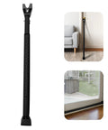Two In One Sliding Door Security Bar And Door Jammer With Forty Adjustable Settings Easy Installation No Tools Required Dual Function Top Piece Removable For Sliding Doors Withstand Up To Three Hundred Pounds Of Force For Enhanced Home Security, showing adjustable black bar for doors.