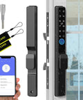 Sliding Door Smart Lock With Fingerprint And Six In One Access Pin Code RFID Card Physical Key App Control And One Time Code Durable Mortise Lock With Handle For Sliding Glass And Patio Doors Supports Up To 300 Users For Homes And Rentals showing black lock, keys, RFID cards, smartphone app interface, and sliding glass doors
