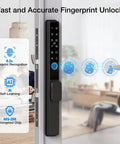 Sliding Door Smart Lock With Fingerprint And Six In One Access Pin Code RFID Card Physical Key App Control And One Time Code Durable Mortise Lock With Handle For Sliding Glass And Patio Doors Supports Up To 300 Users For Homes And Rentals, showing fingerprint recognition on a sliding glass door