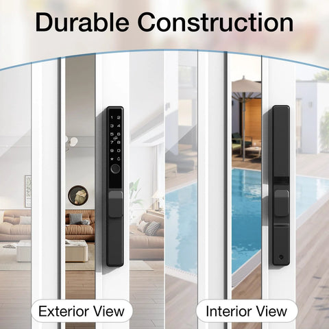 Sliding Door Smart Lock With Fingerprint And Six In One Access Pin Code RFID Card Physical Key App Control And One Time Code Durable Mortise Lock With Handle For Sliding Glass And Patio Doors Supports Up To 300 Users For Homes And Rentals, showing exterior and interior views on a glass door.