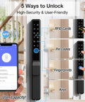 Sliding Door Smart Lock With Fingerprint And Six In One Access Pin Code RFID Card Physical Key App Control And One Time Code Durable Mortise Lock With Handle For Sliding Glass And Patio Doors Supports Up To 300 Users For Homes And Rentals showing unlocking methods with app and RFID card.