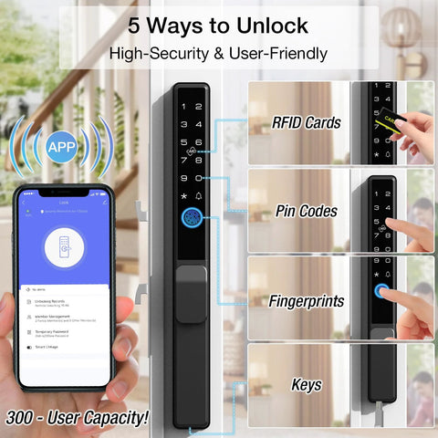 Sliding Door Smart Lock With Fingerprint And Six In One Access Pin Code RFID Card Physical Key App Control And One Time Code Durable Mortise Lock With Handle For Sliding Glass And Patio Doors Supports Up To 300 Users For Homes And Rentals showing unlocking methods with app and RFID card.