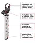Sliding Door Stopper And Dual Function Security Bar For Hinged And Sliding Doors, Adjustable From Twenty Five And A Half Inches To Forty Three And A Half Inches, Indoor Use, Folding Design For Compact Storage And Travel, White. Image shows features like flexible handle strap, pivoting rubber grips, 20-gauge steel construction, and folding design.