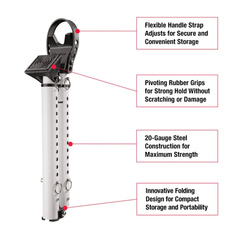 Sliding Door Stopper And Dual Function Security Bar For Hinged And Sliding Doors, Adjustable From Twenty Five And A Half Inches To Forty Three And A Half Inches, Indoor Use, Folding Design For Compact Storage And Travel, White. Image shows features like flexible handle strap, pivoting rubber grips, 20-gauge steel construction, and folding design.