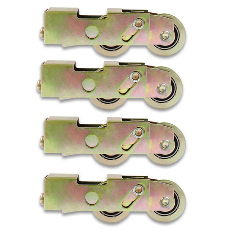 4 Pack Sliding Patio Door Tandem Roller Assembly Replacement For Sliding Glass Doors And Screen Doors With 1-1/4 Inch Steel Ball Bearing Wheels And Heavy Duty Dual Iron Bearings For Smooth Quiet Operation, showing four roller assemblies.