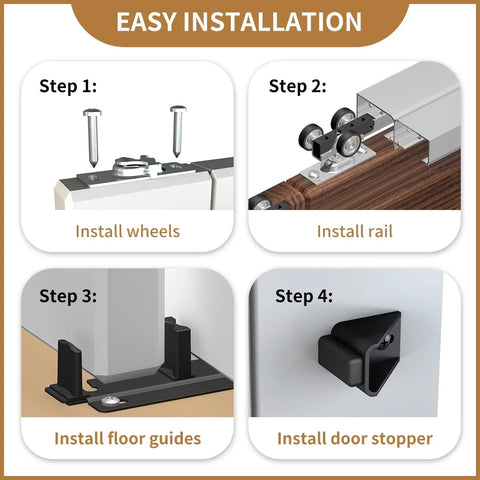 Installation steps for Heavy Duty Bypass Sliding Closet Door Track Hardware Set with Aluminum Pocket Rail 72 Inch Long 6 Feet