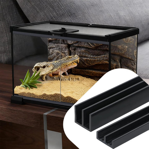 Two Sets Sliding Door Track For One Quarter Inch Thick Panels Glass Cabinet Sliding Track System With PVC Durable Low Noise Design Three Ft Long Per Set Easy To Install Matte Black Finish Ideal Sliding Door Hardware For Cabinets And Windows shown with terrarium display.