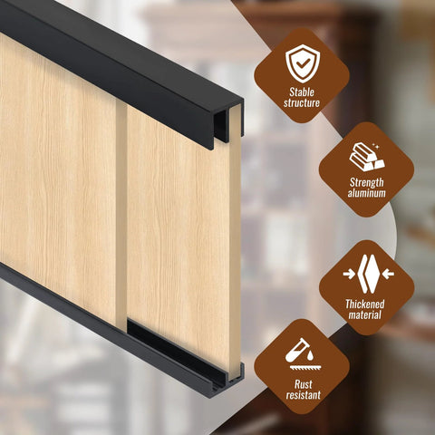 Two Sets Sliding Door Track For One Quarter Inch Thick Panels Glass Cabinet Sliding Track System With PVC Durable Low Noise Design Three Ft Long Per Set Easy To Install Matte Black Finish Ideal Sliding Door Hardware For Cabinets And Windows, showing close-up of track in matte black.
