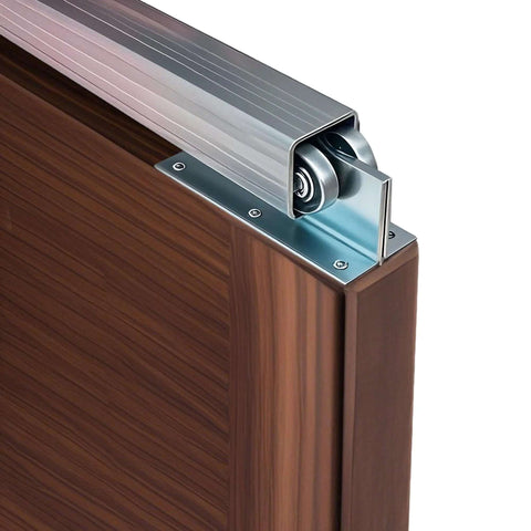 4 Wheel Heavy Duty Trolley Assembly For Barn Doors Or Shed Sliding Doors, installed on a wooden door top, galvanized steel construction