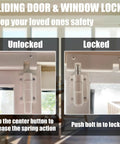 Sliding Glass Door Lock And Bolt For Patio Doors Childproof Safety Rail Lock For Top Or Bottom Mount Fits Most Sliding Doors And Windows White 1 Pack Easy Install To Stop Drafts And Water Seepage shown in unlocked and locked positions on a door.