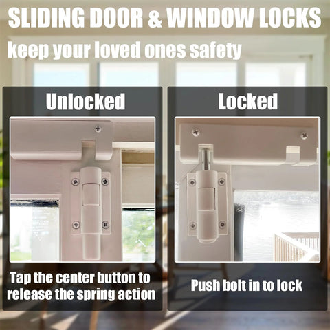 Sliding Glass Door Lock And Bolt For Patio Doors Childproof Safety Rail Lock For Top Or Bottom Mount Fits Most Sliding Doors And Windows White 1 Pack Easy Install To Stop Drafts And Water Seepage shown in unlocked and locked positions on a door.
