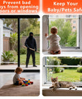 Adjustable Sliding Door And Window Safety Rods Four Pack 17 To 50 Inch Rubber Tip Locks Durable Window And Door Security Bars For Home Apartment Travel And Patio White Child Safe For Kids And Pets, shown securing a sliding door and windows with a child and pet nearby.
