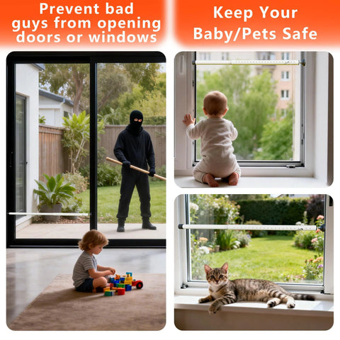 Adjustable Sliding Door And Window Safety Rods Four Pack 17 To 50 Inch Rubber Tip Locks Durable Window And Door Security Bars For Home Apartment Travel And Patio White Child Safe For Kids And Pets, shown securing a sliding door and windows with a child and pet nearby.