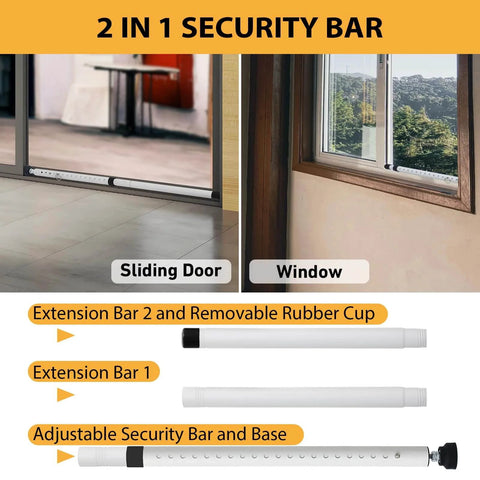 Sliding Door Security Bar, 18.5-51 inch Adjustable Patio Door Security bar with Rubber Tips, shown on sliding doors and windows.