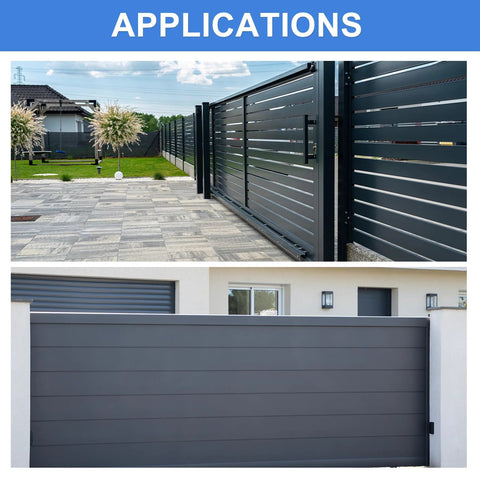 Sliding gates with Four Pack Gate Guide Rollers With Two Inch Nylon Wheels And Gate Support Assembly in outdoor setting.