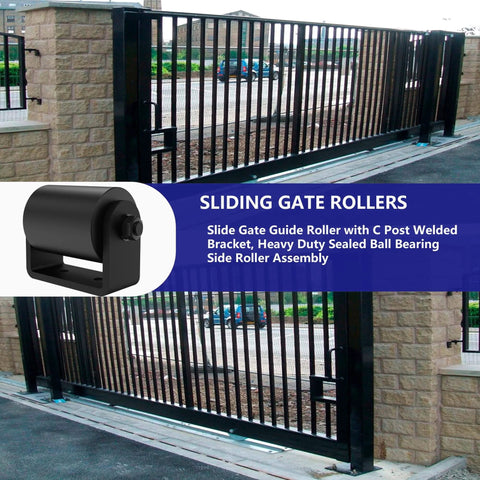 3 Inch Sliding Gate Guide Rollers 2 Pack with C Post Welded Bracket installed on large metal gate