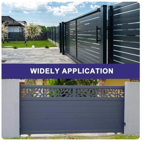 Outdoor sliding gates using 2 Pack Slide Gate Guide Rollers With Nylon Wheels 42 X 44 Mm for smooth operation shown in residential setup.