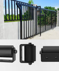 3 Inch Sliding Gate Guide Rollers 2 Pack with C Post Welded Bracket under black fence, showcasing heavy duty hard nylon rollers.