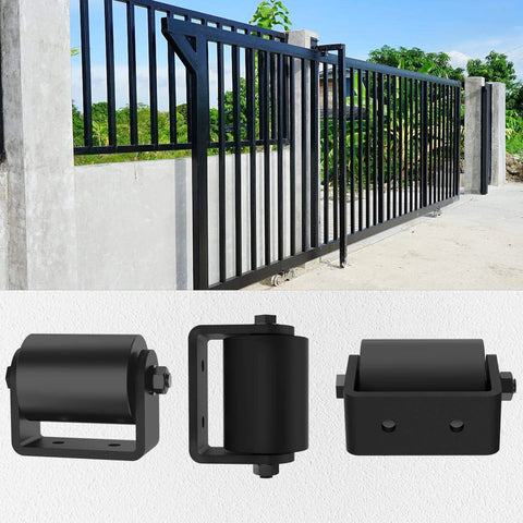 3 Inch Sliding Gate Guide Rollers 2 Pack with C Post Welded Bracket under black fence, showcasing heavy duty hard nylon rollers.
