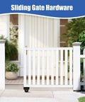 Sliding Gate Hardware Kit Heavy Duty Rolling Gate System for Metal and Wooden Outdoor Gates shown on a white wooden gate.