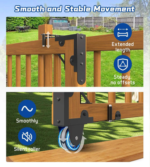 Heavy Duty Sliding Gate Kit with Latch and Manual Universal Hardware for Wooden Gates Ideal for Backyard Patio Deck Stairway Hallway and Pet Safety with Smooth Quiet No Sag Operation shown installed on a wooden gate