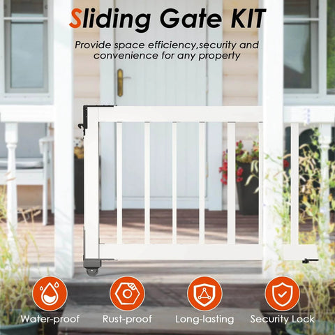 Sliding Gate Hardware Kit on a deck with latch, showcasing water-proof, rust-proof, and secure design ideal for outdoor use