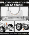 Close-up of Six Inch Sliding Gate Kit With Heavy Duty Rollers And 600 Lb Load Capacity showcasing rust-resistant wheels and zinc-coated frame.