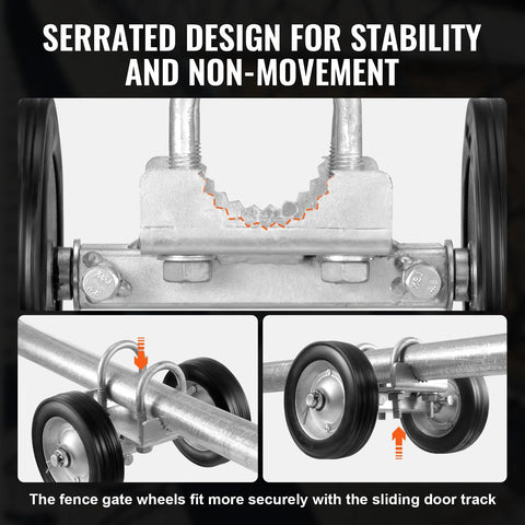 Close-up of Six Inch Sliding Gate Kit With Heavy Duty Rollers And 600 Lb Load Capacity showcasing rust-resistant wheels and zinc-coated frame.