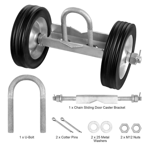 Sliding Gate Kit 6 Inch Rolling Gate Hardware Kit Universal Sliding Gate Rollers Track Wheels Corrosion Resistant Heavy Duty Sliding Gate Guide Roller For Sliding Gates And Rolling Doors Up To 600 Lbs Load Black showing components including wheels, bolts, and washers.
