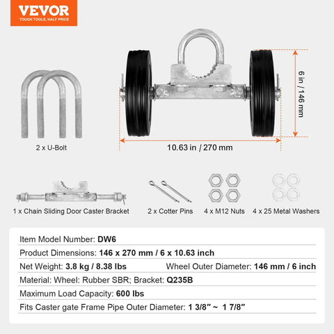 Six Inch Sliding Gate Kit With Heavy Duty Rollers And 600 Lb Load Capacity, includes components with dimensions and load details.
