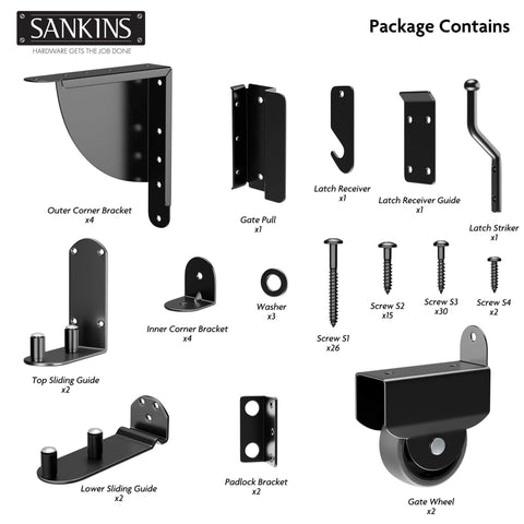 Heavy Duty Sliding Gate Kit Adjustable Hardware for Wood Fence with Anti Sag Corner Brace Gate Latch and Wheels components layout