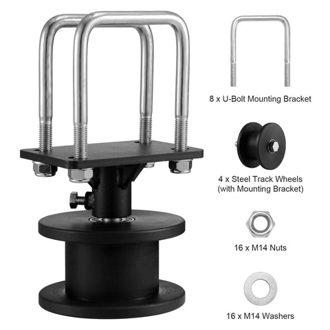 Sliding Gate Kit Rolling Gate Hardware with H Shaped Wheel Groove for Cantilever Sliding Gates and Rolling Doors components displayed