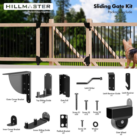 Sliding Gate Kit with Wheel Heavy Duty Fence Gate Frame Hardware for Wooden Deck Gates, includes brackets, wheel, and latch for outdoor use.