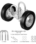 Six Inch Sliding Gate Kit With Heavy Duty Rollers And 600 Lb Load Capacity, includes U-bolt, caster bracket, washers.