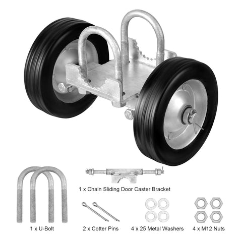 Six Inch Sliding Gate Kit With Heavy Duty Rollers And 600 Lb Load Capacity, includes U-bolt, caster bracket, washers.