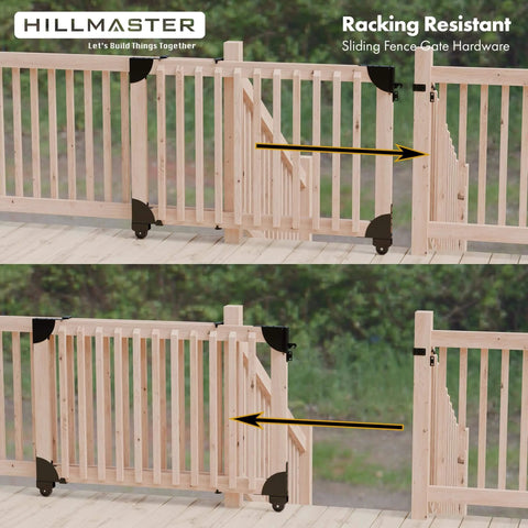 Sliding Gate Kit with Wheel Heavy Duty Fence Gate Frame Hardware shown on wooden deck gate with smooth rolling action.