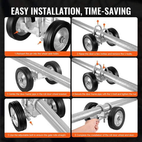 Image showing installation steps of Six Inch Sliding Gate Kit with Heavy Duty Rollers and Zinc Coated Frame for outdoor use.