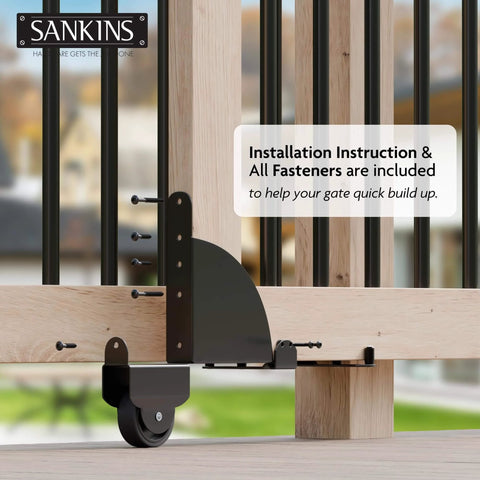 Heavy Duty Sliding Gate Kit Adjustable Hardware for Wood Fence with Anti Sag Corner Brace and Wheels
