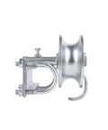 Side view of sliding gate rollers for chain link gates with rear pipe track wheels and double U bolt, fits one seven eighths inch or one five eighths inch gate frames, durable steel construction for outdoor use, heavy load capacity.