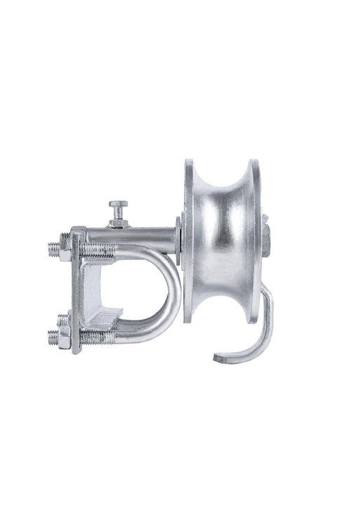 Side view of sliding gate rollers for chain link gates with rear pipe track wheels and double U bolt, fits one seven eighths inch or one five eighths inch gate frames, durable steel construction for outdoor use, heavy load capacity.