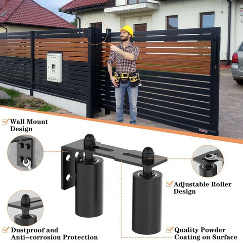 Sliding Gate Roller Guide Set With Heavy Duty Steel L Bracket And Adjustable Four Inch Nylon Support installed on gate