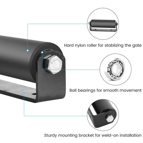 6 Inch Sliding Gate Roller Guide Kit with C Shaped Steel Brackets detail view showing nylon roller and ball bearings