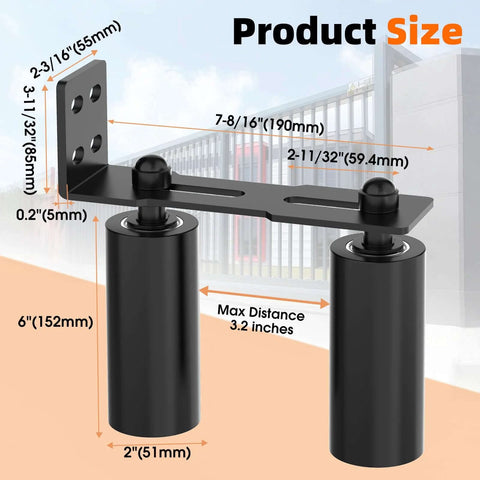 Sliding Gate Roller Guide Kit With Heavy Duty 6 Inch Adjustable Nylon Wheels And Rust Proof L Bracket product dimensions.