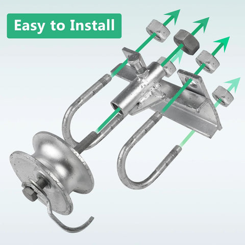 Sliding Gate Rollers Set With Five Inch Wheels For Two Inch Gate Frames And One And Five Eighths Inch Track Pipe Heavy Duty Malleable Iron Gate Hardware Two Pack With Double U Bolts Maintenance Free Durable And Smooth Operation, shown disassembled with arrows and bolts labeled.