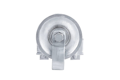 Front view of sliding gate rollers for chain link gates with rear pipe track wheels and double U bolt, heavy-duty steel construction.