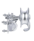Side view of Sliding Gate Rollers For Chain Link Gates With Rear Pipe Track Wheels And Double U Bolt, Fits One Seven Eighths Inch Or One Five Eighths Inch Gate Frames, Durable Steel Construction For Outdoor Use, Heavy Load Capacity.