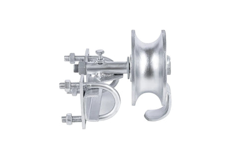 Side view of Sliding Gate Rollers For Chain Link Gates With Rear Pipe Track Wheels And Double U Bolt, Fits One Seven Eighths Inch Or One Five Eighths Inch Gate Frames, Durable Steel Construction For Outdoor Use, Heavy Load Capacity.