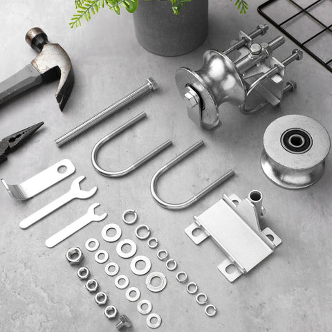 Components for 2 Pack Sliding Gate Rollers For Chain Link Gates, rear pipe track wheels, tools, and hardware on a gray surface.